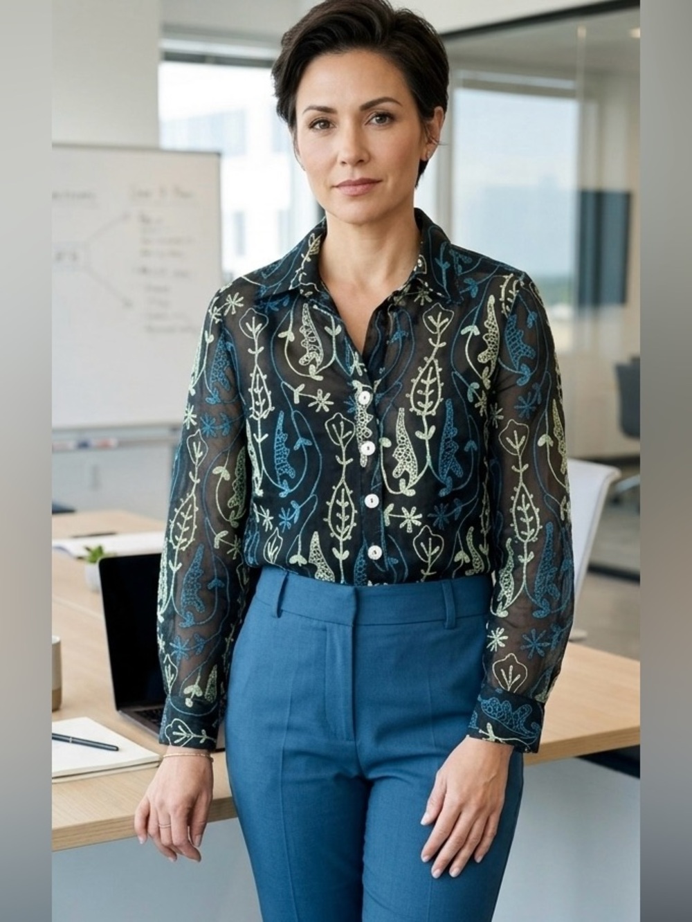 Draper’s & Damon, S, Embroidered Blouse, Black, Teal & Lime, P2P: 20”, Silk
